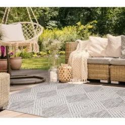 Outdoor Rugs-Kirkland's Home Blue Malibu Woven Diamond Outdoor Area Rug, 7X9 Blue/Ivory