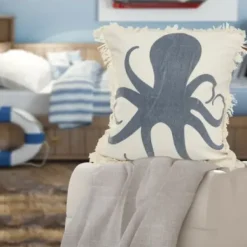 Pillows-Kirkland's Home Blue Octopus Accent Pillow With Fringe Blue/Tan