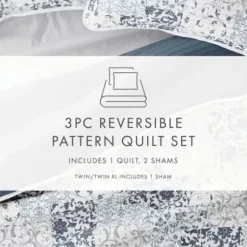 Quilts-Kirkland's Home Blue Patchwork Reversible 3-Pc. King Quilt Set Blue/White/Gray