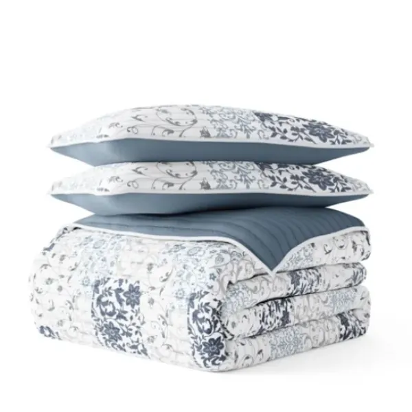 Quilts-Kirkland's Home Blue Patchwork Reversible 3-Pc. Queen Quilt Set Blue/White/Gray