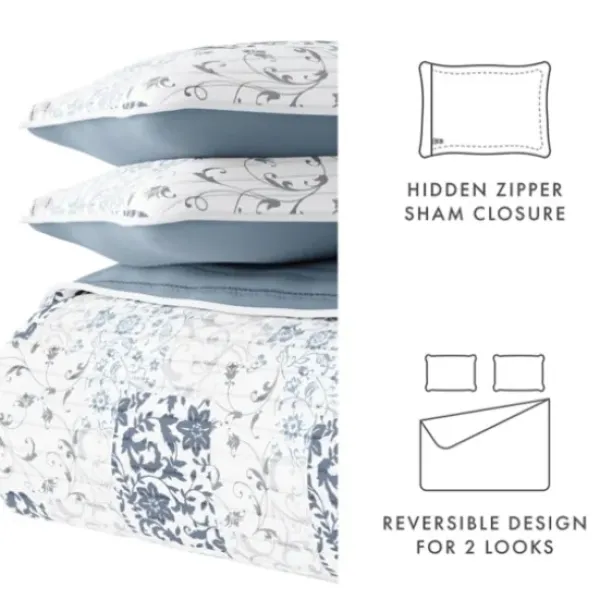 Quilts-Kirkland's Home Blue Patchwork Reversible 3-Pc. Queen Quilt Set Blue/White/Gray