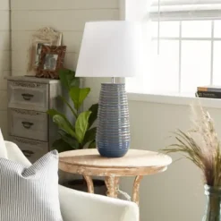 Table Lamps-Kirkland's Home Blue Ribbed Stoneware Table Lamp White