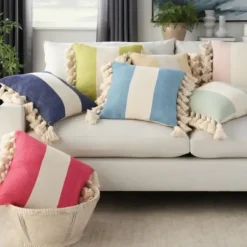 Pillows-Kirkland's Home Blush And Ivory Striped Tassel Pillow Pink/Ivory