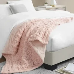 Blankets & Throws-Kirkland's Home Blush Ruched Faux Fur Throw Pink