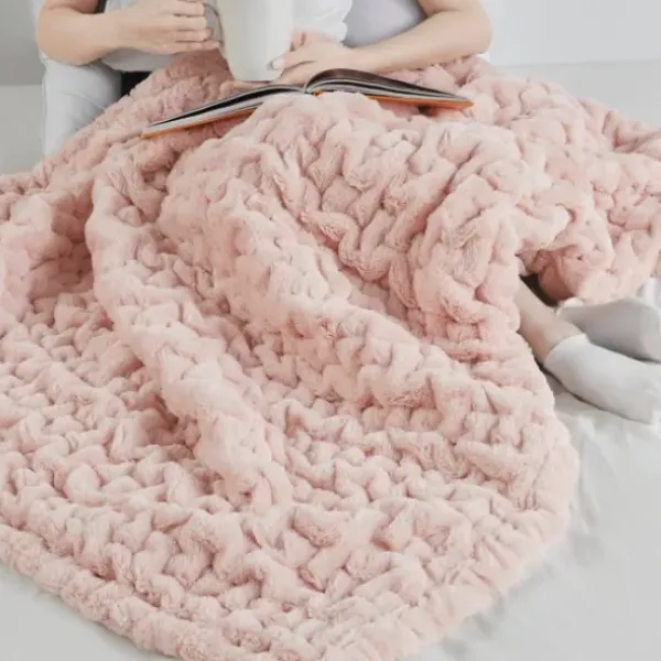 Blankets & Throws-Kirkland's Home Blush Ruched Faux Fur Throw Pink