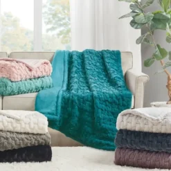 Blankets & Throws-Kirkland's Home Blush Ruched Faux Fur Throw Pink