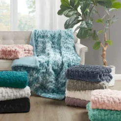 Blankets & Throws-Kirkland's Home Blush Ruched Faux Fur Throw Pink