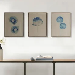 Framed Art-Kirkland's Home Botanical Framed Linen Canvas Art Print, Set Of 3 Blue/Tan