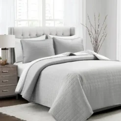 Quilts-Kirkland's Home Box Stitch Cotton Full/Queen 3-Pc. Quilt Set Gray