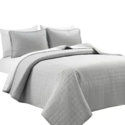 Quilts-Kirkland's Home Box Stitch Cotton King 3-Pc. Quilt Set Gray