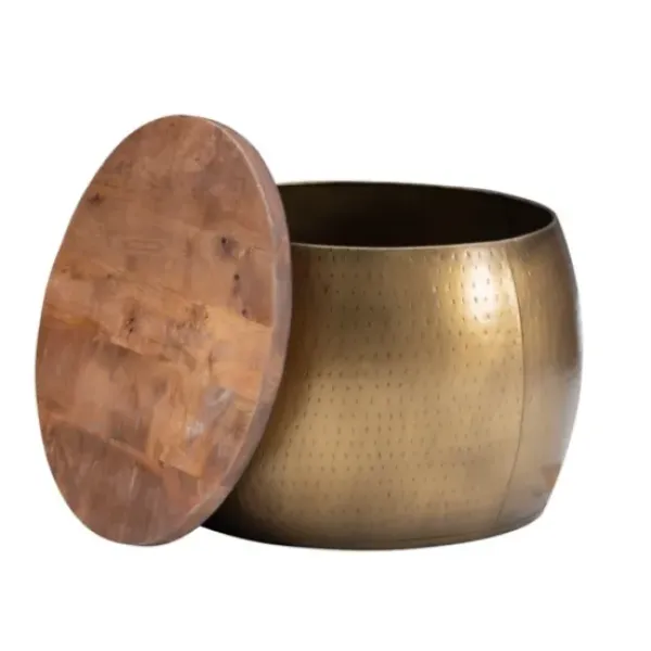 Coffee Tables-Kirkland's Home Brass Hammered Drum Storage Coffee Table Brown
