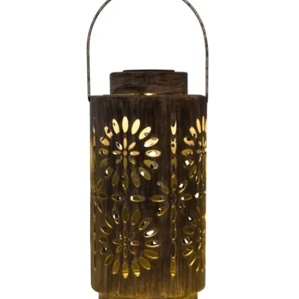 Outdoor Lighting-Kirkland's Home Brass Metal Flower Cutout Solar Lantern Brown