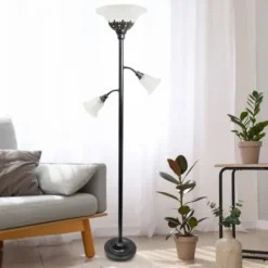 Floor Lamps-Kirkland's Home Bronze And White 3-Scallop Glass Floor Lamp Brown