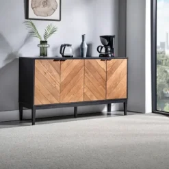 Cabinets & Sideboards-Kirkland's Home Brown And Black Wood Chevron 4-Door Sideboard Brown/Black