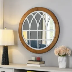 Decorative Mirrors-Kirkland's Home Brown And Wooden Round Windowpane Mirror White