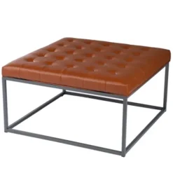 Benches & Ottomans-Kirkland's Home Brown Button Tufted Faux Leather Ottoman Brown/Gray