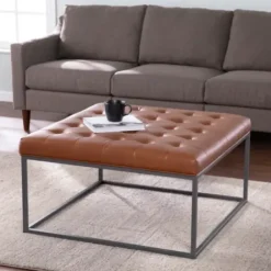 Benches & Ottomans-Kirkland's Home Brown Button Tufted Faux Leather Ottoman Brown/Gray