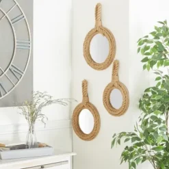 Decorative Mirrors-Kirkland's Home Brown Cora Jute Wall Mirrors, Set Of 3