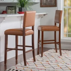 Bar Stools & Counter Height Stools-Kirkland's Home Brown Faux Leather Square Classic Bar Stool Tan