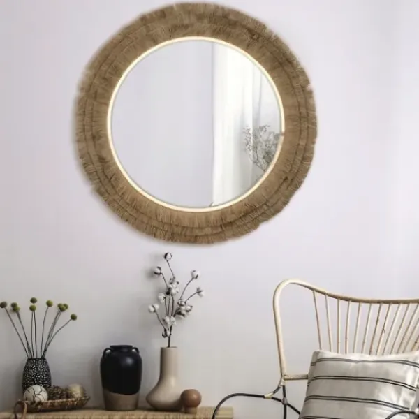 Decorative Mirrors-Kirkland's Home Brown Fringe Jute Round Wall Mirror