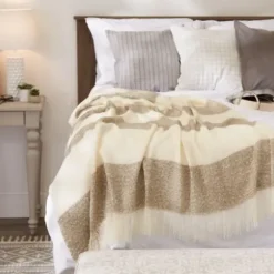 Blankets & Throws-Kirkland's Home Brown Rugby Stripe Fringe Throw Ivory/Brown