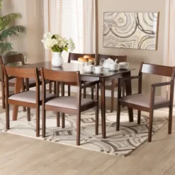 Dining Tables-Kirkland's Home Brown Wood And Beige Upholstered 7-Pc. Dining Set Gray