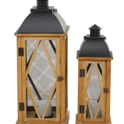 Lanterns-Kirkland's Home Brown Wood And Black Mesh Lanterns, Set Of 2 Brown/Black