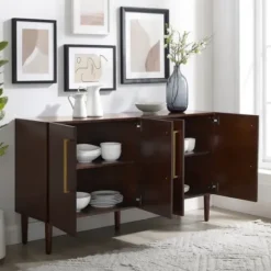 Cabinets & Sideboards-Kirkland's Home Brown Wood And Gold 4-Door Cabinet