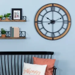 Clocks-Kirkland's Home Brown Wood Black Metal Open Cut Out Wall Clock