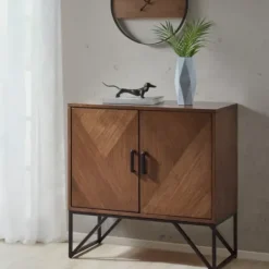 Cabinets & Sideboards-Kirkland's Home Brown Wood Frame Metal Base 2-Door Cabinet