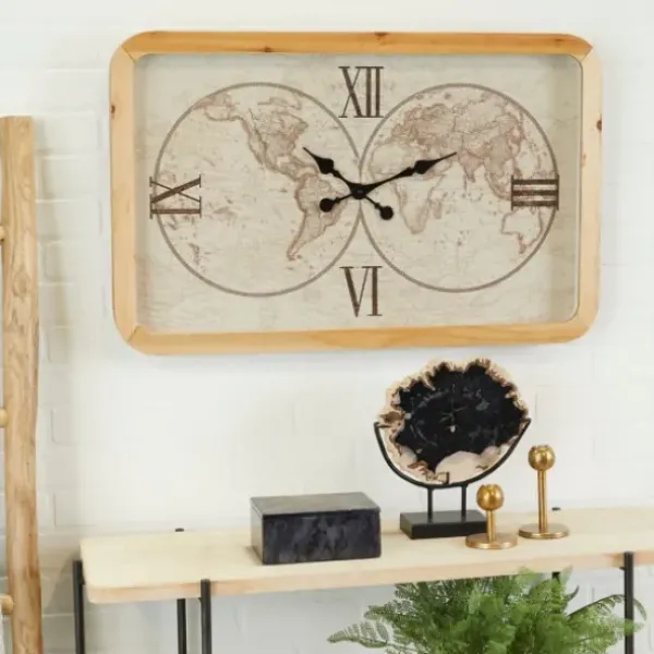 Clocks-Kirkland's Home Brown World Map Rectangular Wall Clock