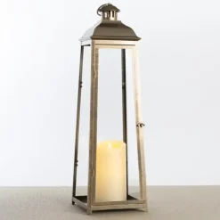 Lanterns-Kirkland's Home Brushed Ecru Lantern, 30 In. Gold