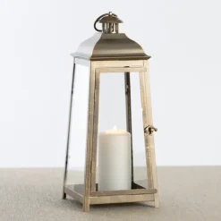 Lanterns-Kirkland's Home Brushed Ecru Lantern, 16 In. Gold