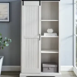 Cabinets & Sideboards-Kirkland's Home Brushed Grooved Sliding Door Cabinet White