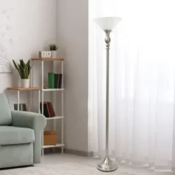 Floor Lamps-Kirkland's Home Brushed Nickel And Marbleized Glass Torchiere Silver