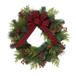 Wreaths-Kirkland's Home Buffalo Check And Berries Christmas Wreath Green/Red