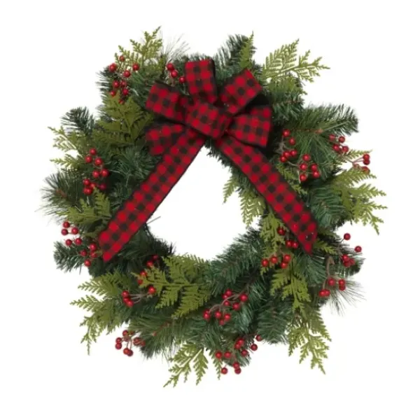 Wreaths-Kirkland's Home Buffalo Check And Berries Christmas Wreath Green/Red
