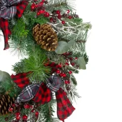 Wreaths-Kirkland's Home Buffalo Check Plaid Ribbon Holiday Wreath Green/Red/Black