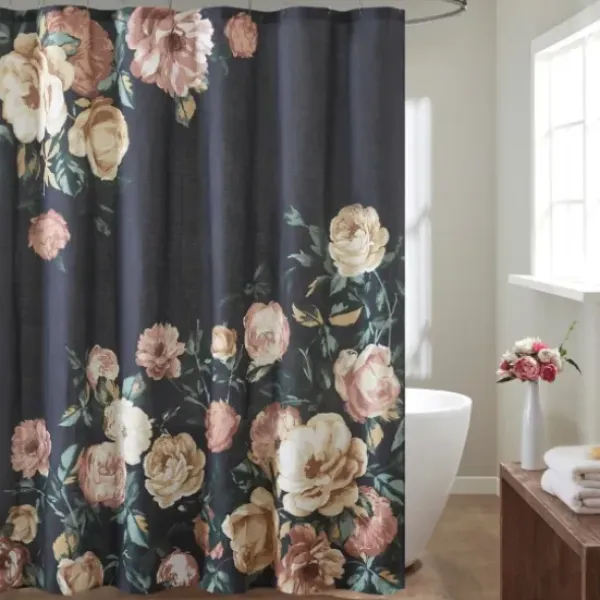Shower Curtains-Kirkland's Home Button And Stripe Shower Curtain Gray