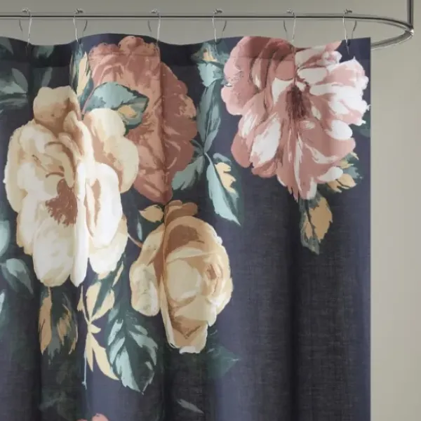 Shower Curtains-Kirkland's Home Button And Stripe Shower Curtain Gray