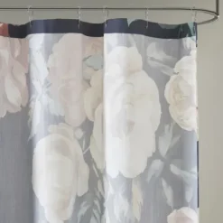 Shower Curtains-Kirkland's Home Button And Stripe Shower Curtain Gray
