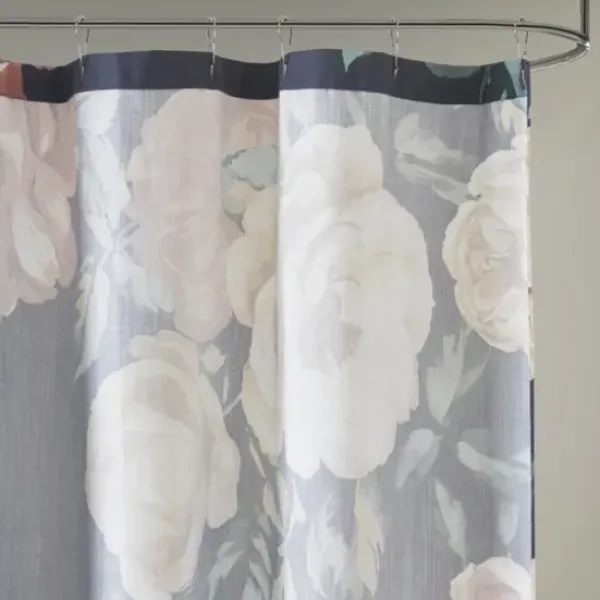 Shower Curtains-Kirkland's Home Button And Stripe Shower Curtain Gray