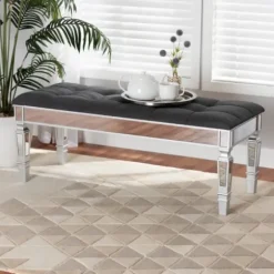 Benches & Ottomans-Kirkland's Home Button Tufted Bench With Mirrored Base Gray
