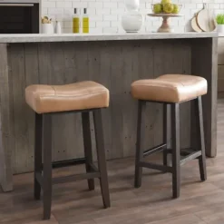 Bar Stools & Counter Height Stools-Kirkland's Home Camel Wood And Leather Backless Stool Tan