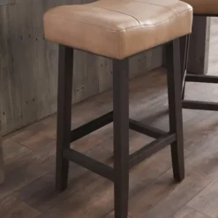 Bar Stools & Counter Height Stools-Kirkland's Home Camel Wood And Leather Backless Stool Tan