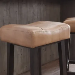 Bar Stools & Counter Height Stools-Kirkland's Home Camel Wood And Leather Backless Stool Tan