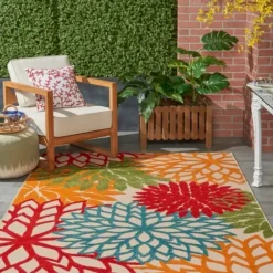 Outdoor Rugs-Kirkland's Home Caramel Botanical Indoor/Outdoor Area Rug, 7X9 Ivory/Red