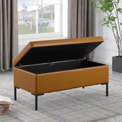 Benches & Ottomans-Kirkland's Home Caramel Vegan Leather Storage Bench Brown