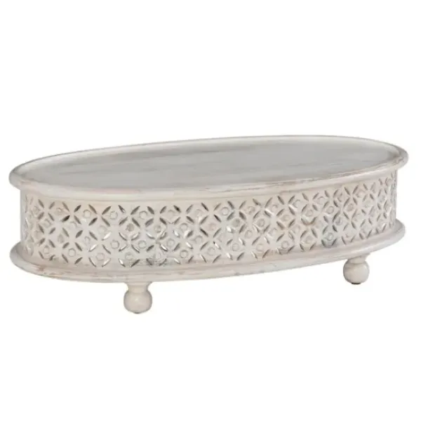 Coffee Tables-Kirkland's Home Carved Lattice Wood Oval Coffee Table White