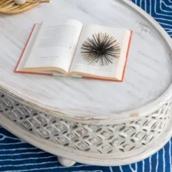 Coffee Tables-Kirkland's Home Carved Lattice Wood Oval Coffee Table White